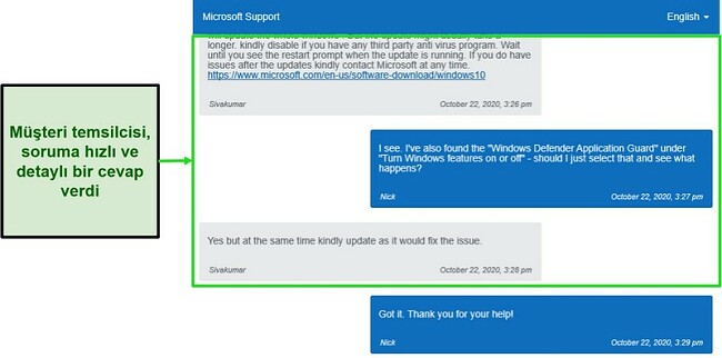 Windows Danışmanı ile canlı sohbetin ekran görüntüsü