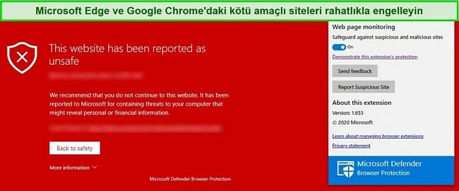 Kötü amaçlı bir siteyi engelleyen Microsoft Defender'ın ekran görüntüsü