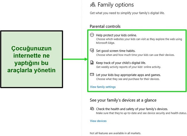 Microsoft Defender'ın ebeveyn denetimi araçlarının ekran görüntüsü