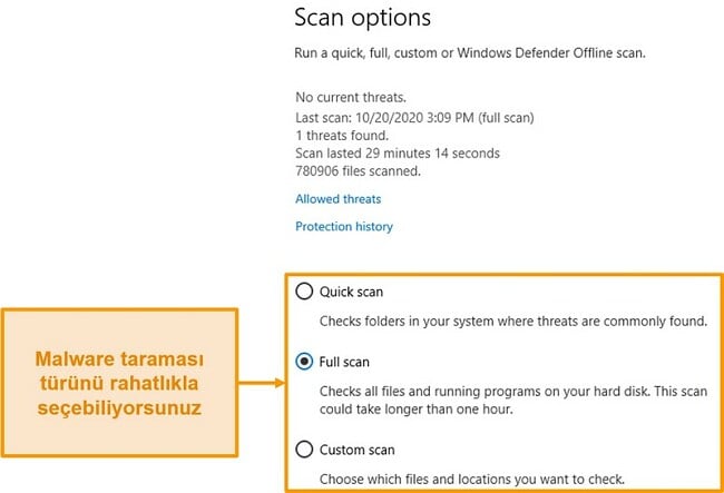 Microsoft Defender'ın tarama seçeneklerinin ekran görüntüsü