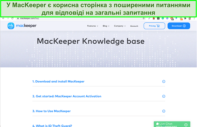 Зображення онлайн -бази знань MacKeeper, що дає корисні відповіді на поширені питання