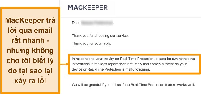 Ảnh chụp màn hình cuộc trò chuyện qua email với phần mềm chống vi-rút MacKeeper về các thông báo lỗi gặp phải trong nhật ký trong quá trình quét vi-rút