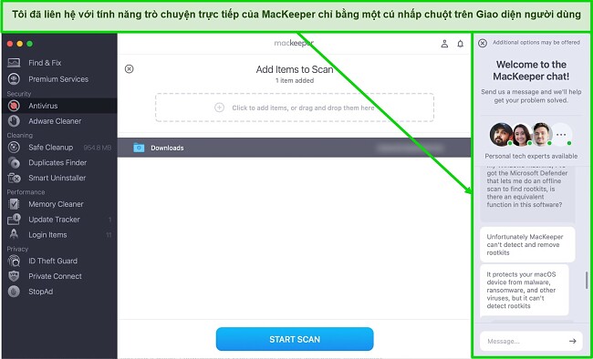 Ảnh chụp màn hình cửa sổ trò chuyện trực tiếp của MacKeeper trên Giao diện người dùng