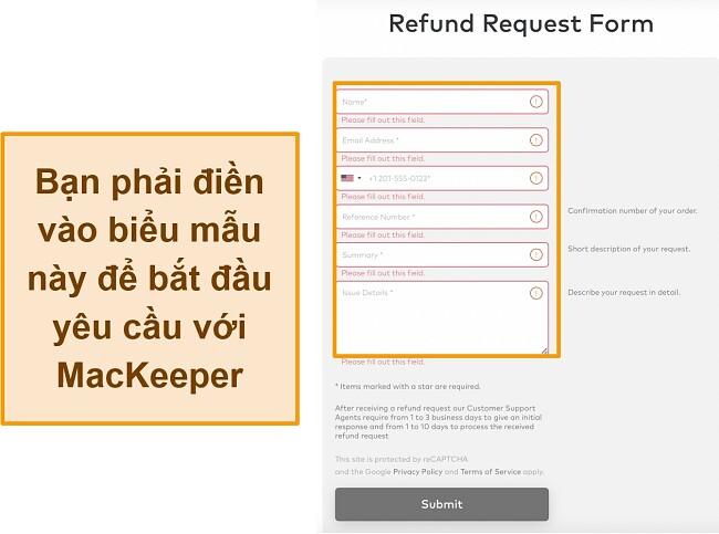 Ảnh chụp màn hình biểu mẫu yêu cầu hoàn lại tiền của MacKeeper khi sử dụng đảm bảo hoàn tiền