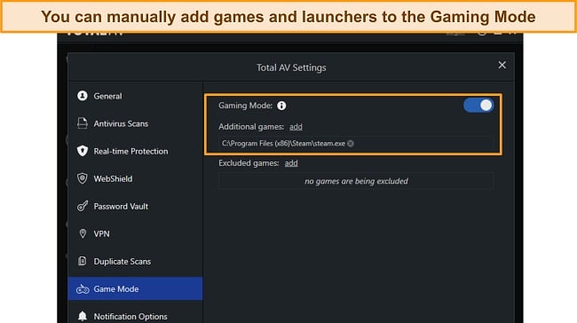 Screenshot showing TotalAV's Gaming Mode settings options
