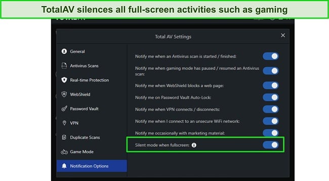 Screenshot of TotalAV's Silent Mode toggle