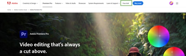 Adobe Premiere Pro free trial menu