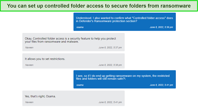 Microsoft Defender's live chat support explaining how its ransomware protection works
