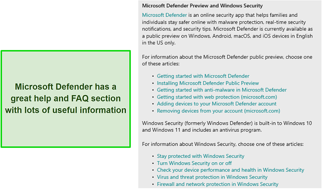 Microsoft Defender's help and FAQ section with lots of useful information