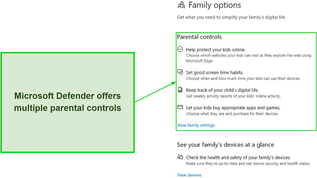 Available parental controls in Microsoft Defender