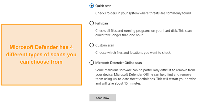Available scans in Microsoft Defender