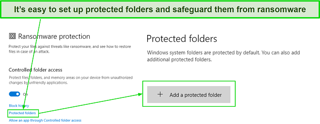 Setting up protected folders in Microsoft Defender's ransomware protection menu
