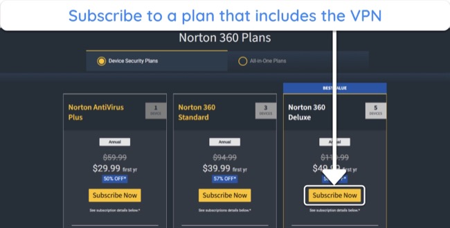 Screenshot showing how to choose a subscription plan for Norton