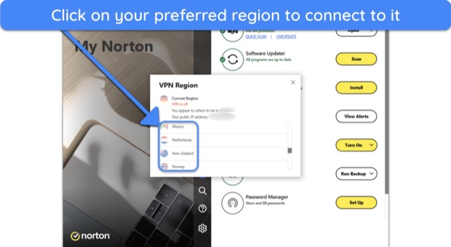 Screenshot showing how to connect to a Norton VPN server