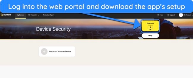 Screenshot showing how to download Norton's setup from the web portal