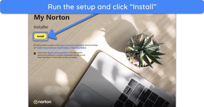 Screenshot showing how to begin Norton's installation on Windows