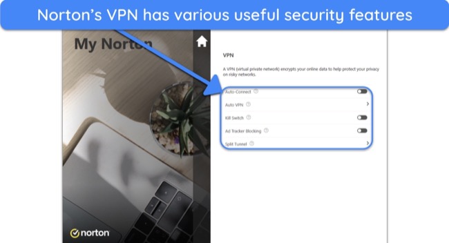 Screenshot of the security features available in Norton's VPN