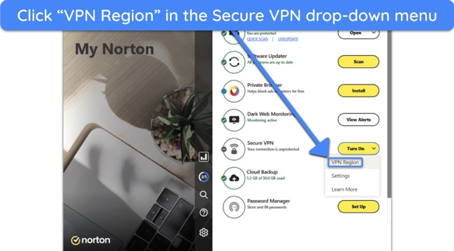 Screenshot showing how to access Norton's VPN server list