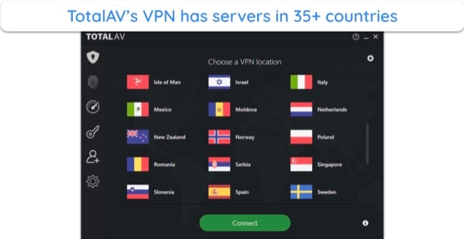 Screenshot of the available locations in TotalAV's VPN