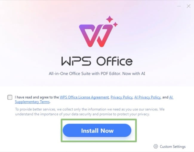 WPS Office install now button screenshot
