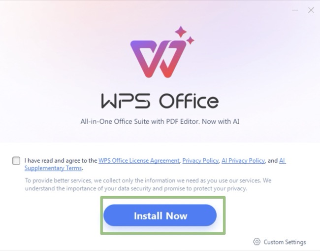 A WPS Office telepítése most gomb képernyőképe