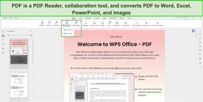 WPS Office PDF reader tools screenshot