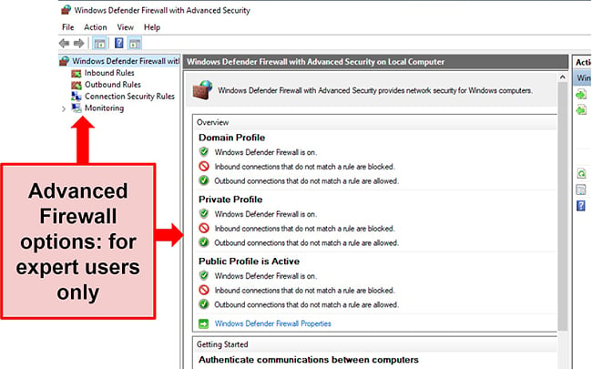 Screenshot of Windows Defender Firewall Security settings
