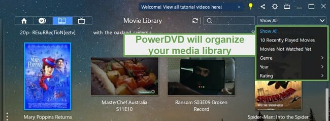 PowerDVD organizes media library