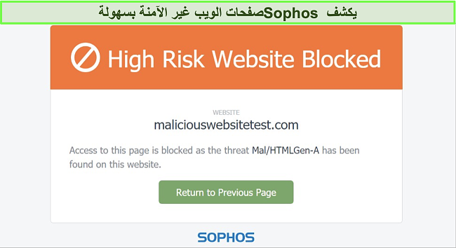 لقطة شاشة لـ Sophos Web Protection يحظر موقعًا عالي الخطورة