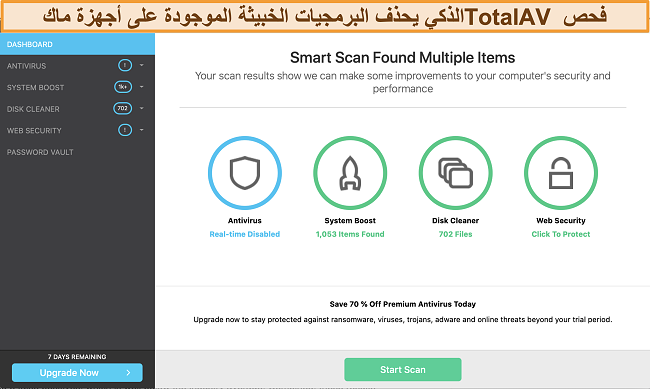 لقطة شاشة للوحة تحكم تطبيق TotalAV على نظام Mac