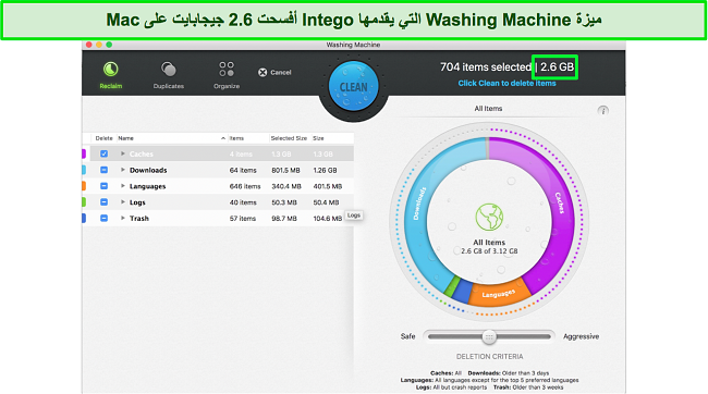 لقطة شاشة للوحة معلومات أداة تحسين نظام Mac لغسالة الملابس من Intego