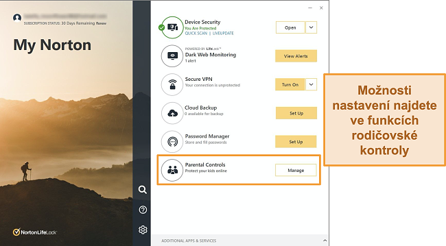 Screenshot rozhraní aplikace Norton 360 se zvýrazněnou rodičovskou kontrolou