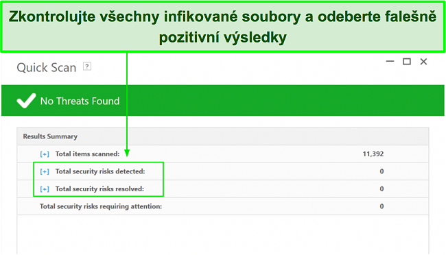 Snímek obrazovky, kde zkontrolovat seznam infikovaných souborů po úplné kontrole