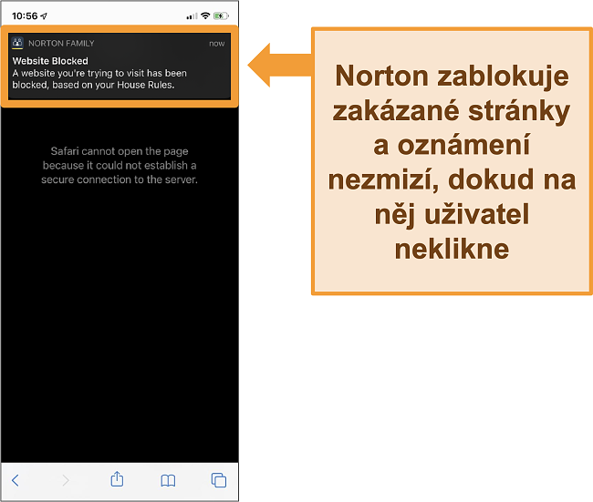 Screenshot antiviru Norton s rodičovskou kontrolou aktivovanou na iPhone a blokující zakázané weby