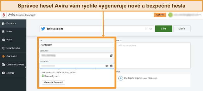 Screenshot z Avira Password Manager běžícího na Macu