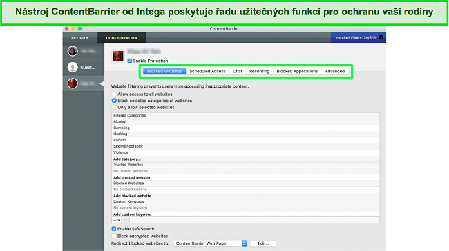 Snímek obrazovky řídicího panelu rodičovské kontroly ContentBarrier společnosti Intego