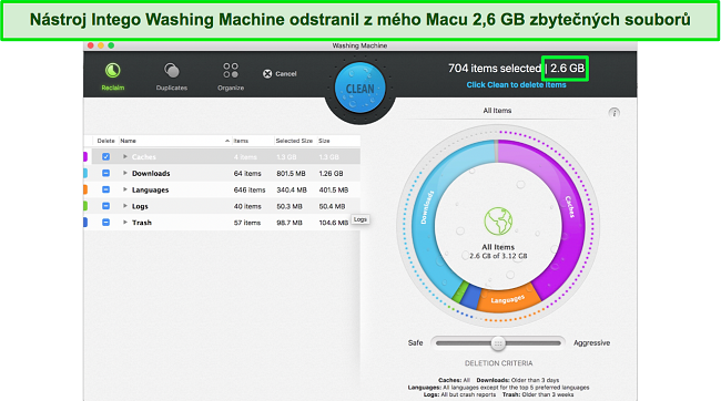 Snímek obrazovky ovládacího panelu nástroje pro optimalizaci pro Mac Intego Washing Machine