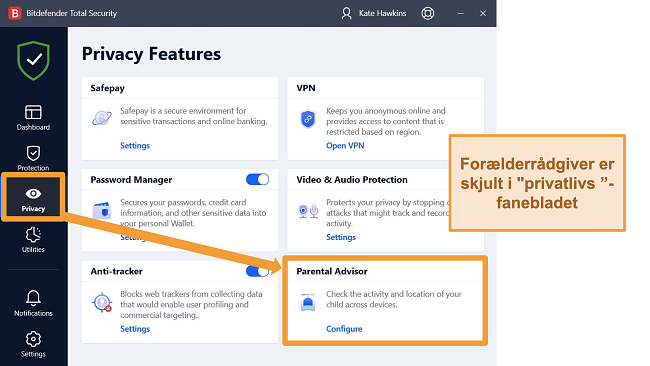 Skærmbillede af Bitdefender-appen med Parental Advisor fremhævet.