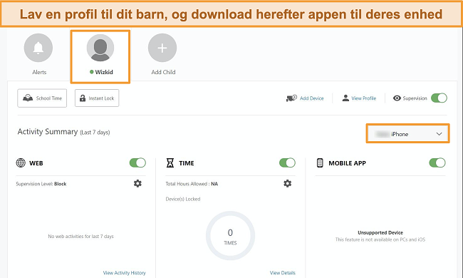 Skærmbillede af Norton Family Portal med en barneprofil oprettet.