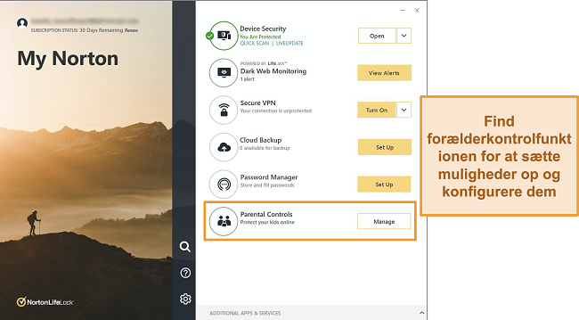 Skærmbillede af Norton 360-appgrænsefladen med Forældrekontrol fremhævet