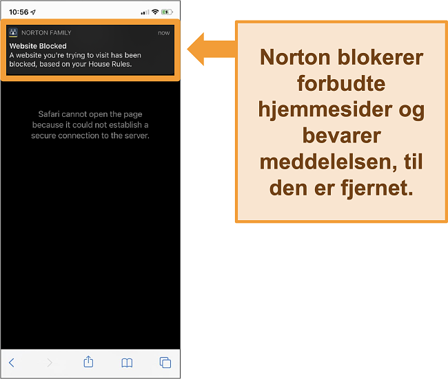 Skærmbillede af Norton-antivirus med forældrekontrol aktiveret på iPhone og blokering af forbudte websteder