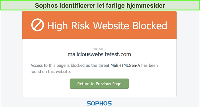 Skærmbillede af Sophos Web Protection, der blokerer for et højrisiko-websted