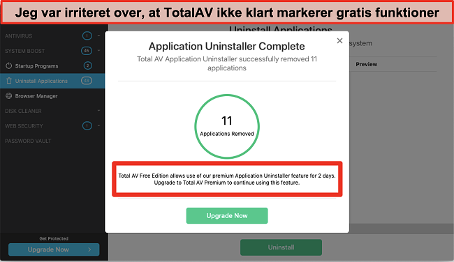 Skærmbillede af TotalAV Application Uninstaller upsell forsøg