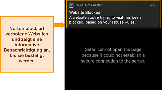 Screenshot mit Hervorhebung der Benachrichtigung von Norton beim Versuch, auf eine Website zuzugreifen, die durch die Kindersicherung eingeschränkt ist.
