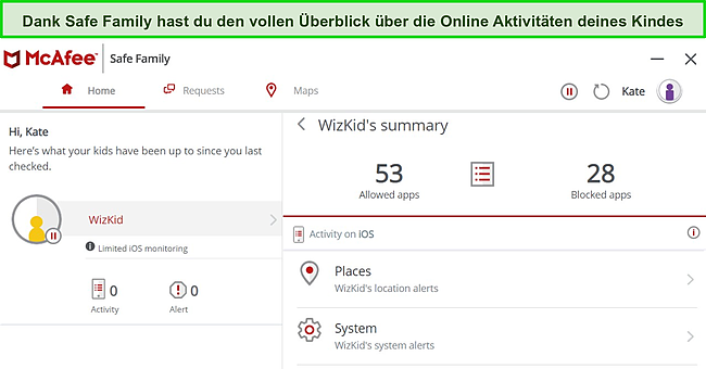 Screenshot der Safe Family-App von McAfee mit Dashboard und Funktionen.