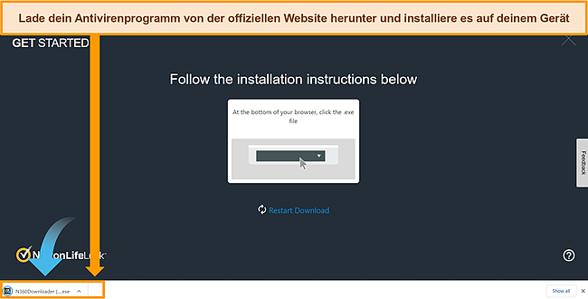 Screenshot der Website von Norton, der zeigt, wie Sie das Antivirenprogramm auf Ihr Gerät herunterladen.