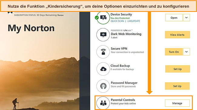 Screenshot, der die Norton Windows-App zeigt und die Kindersicherungsfunktion hervorhebt.