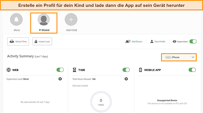 Screenshot von Nortons Kindersicherungs-Dashboard, das das Profil des Kindes und das Gerät hervorhebt, auf das die Kindersicherung heruntergeladen wurde.