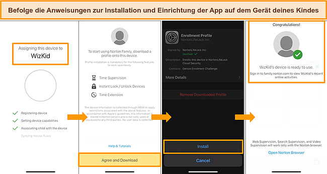 Screenshot des Einrichtungsprozesses der Kindersicherung für Norton auf einem iPhone.