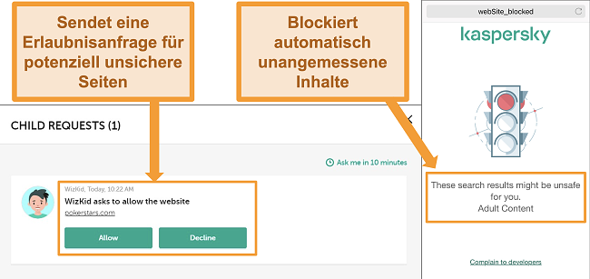 Screenshots von Kaspersky blockieren den Zugriff auf unsichere Websites.